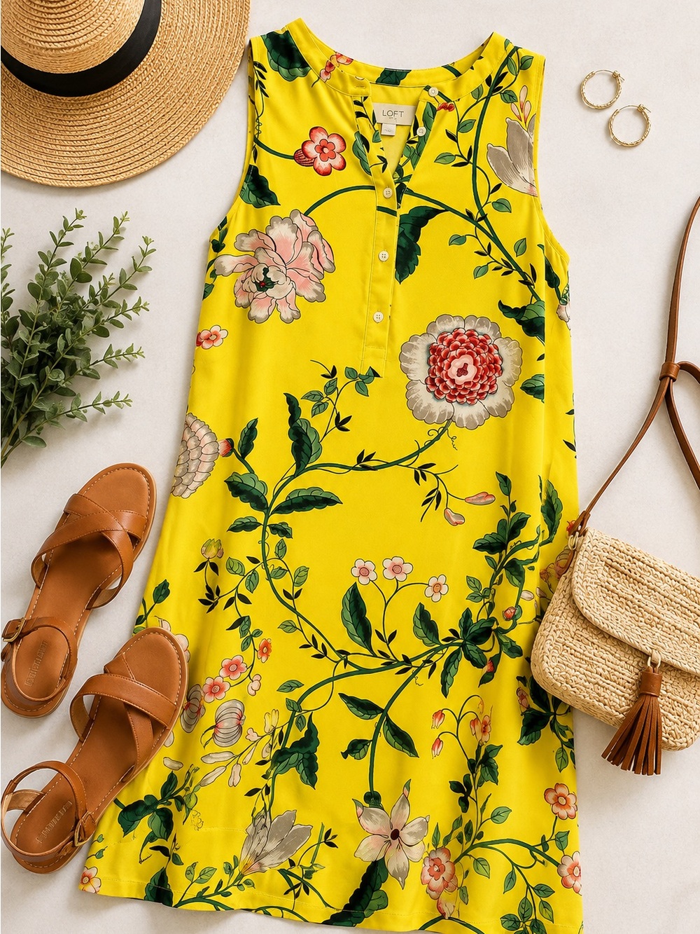 LOFT Yellow Floral Sleeveless Shift Dress